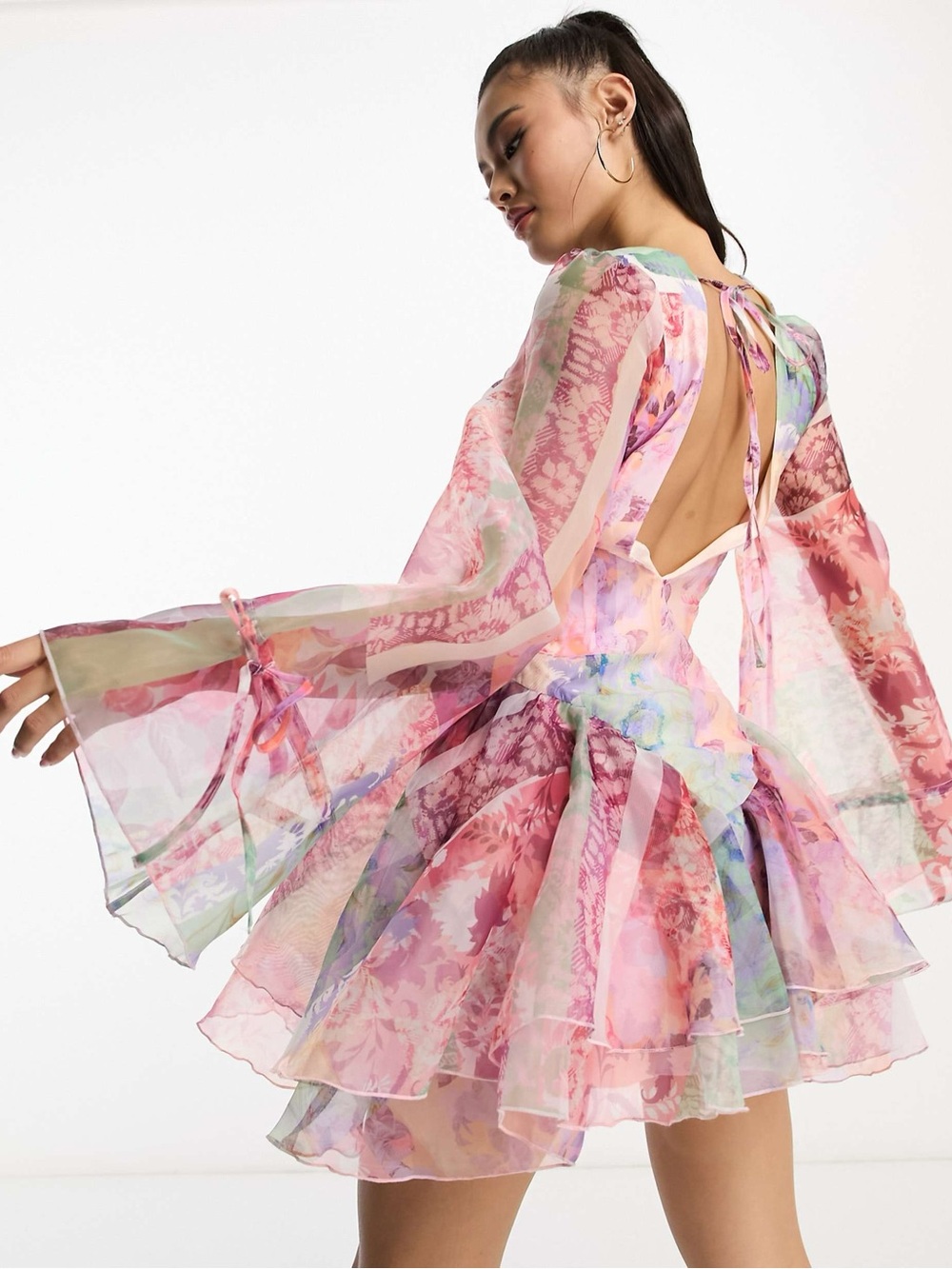 ASOS Floral Pink Sheer Bell-Sleeve Mini Dress - Picture 7 of 7